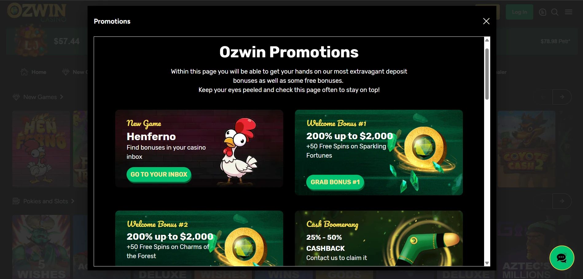 Screenshot of the Ozwin Casino promotions area